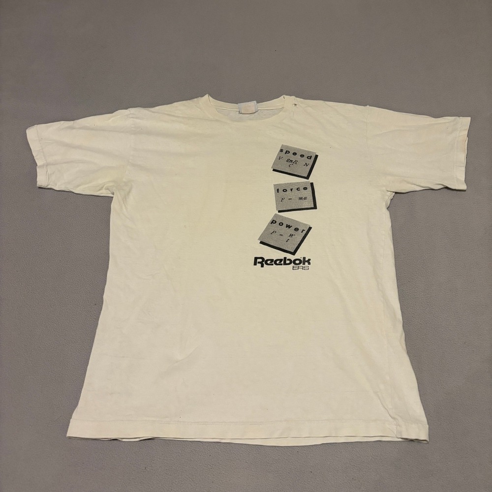 Vintage Reebok ERS Physics Graphic T Shirt Mens White Single Stitch Canada Made
